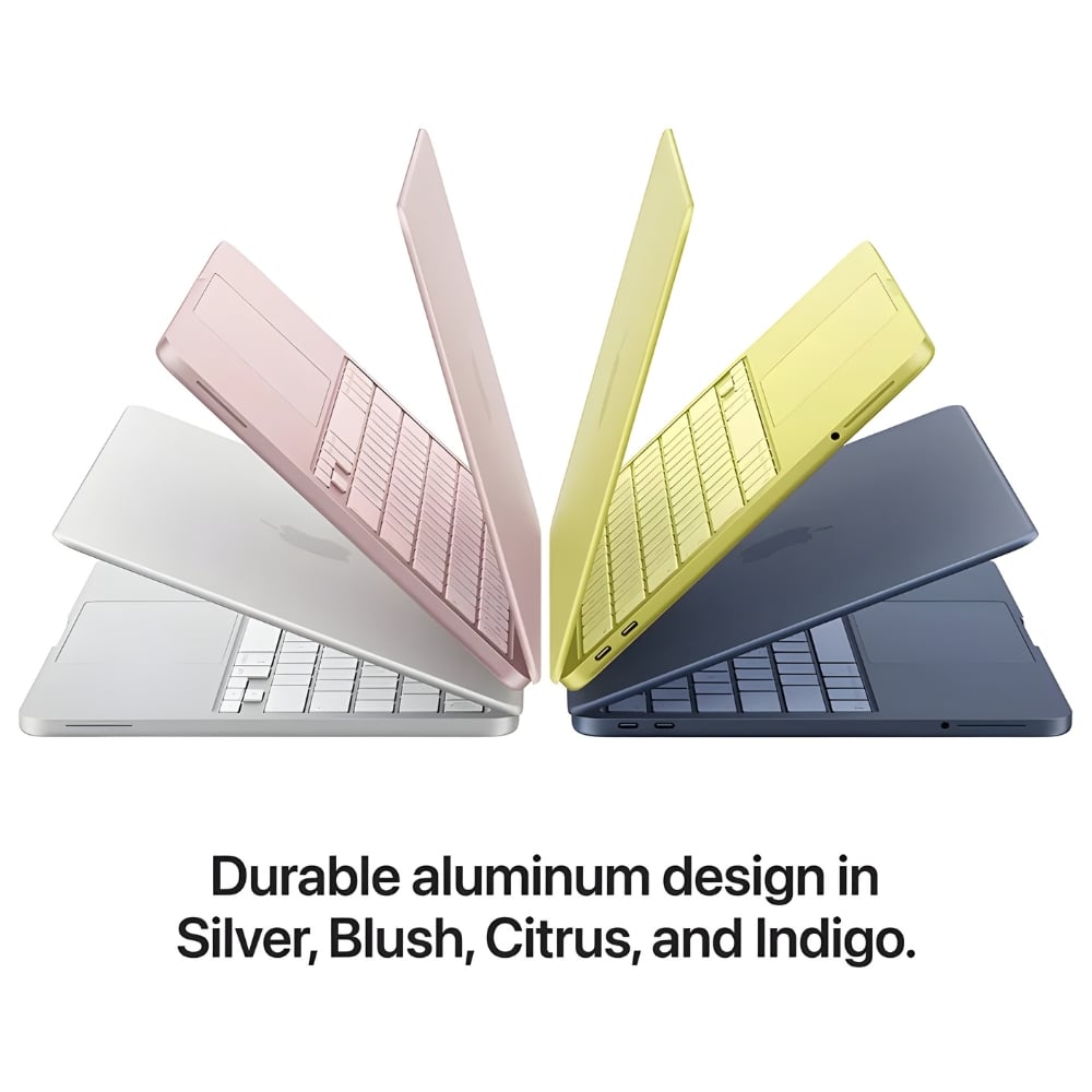 Four colourful aluminium laptops displayed in fan arrangement