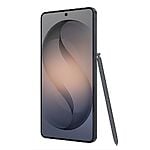 Modern smartphone with stylus pen on grey background