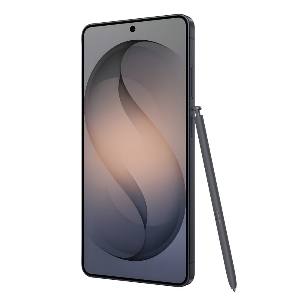 Modern smartphone with stylus pen on grey background