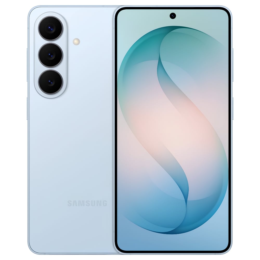 Light blue Samsung smartphone with triple rear cameras