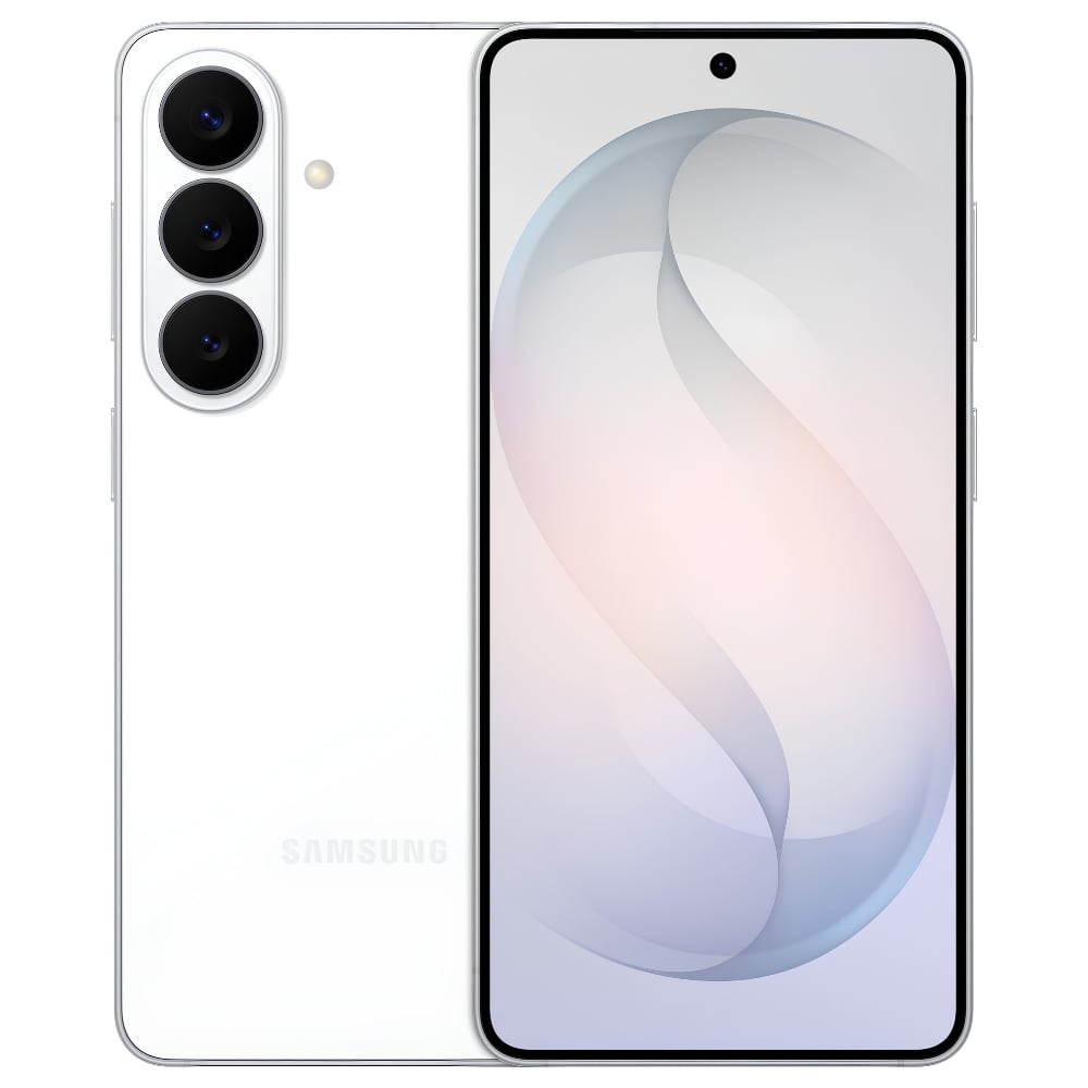 Samsung smartphone with triple rear cameras, silver finish