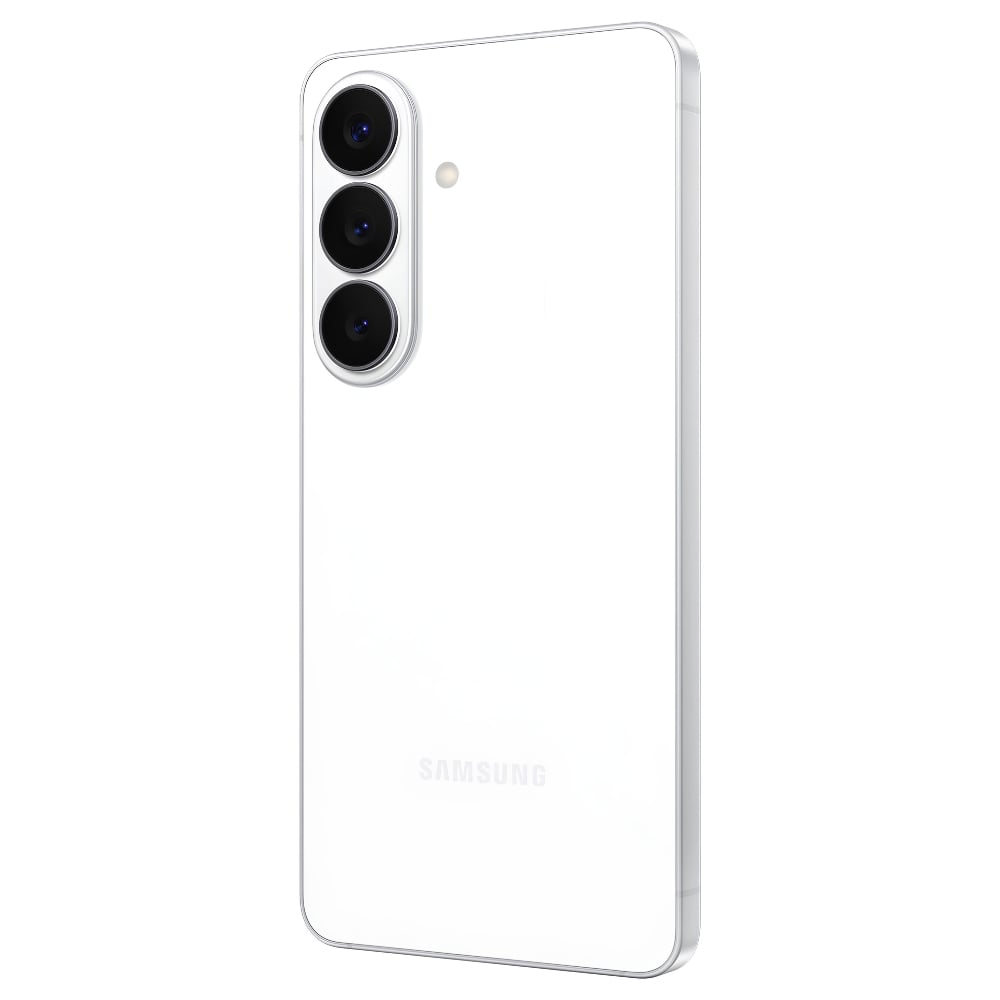 White Samsung smartphone with triple rear cameras