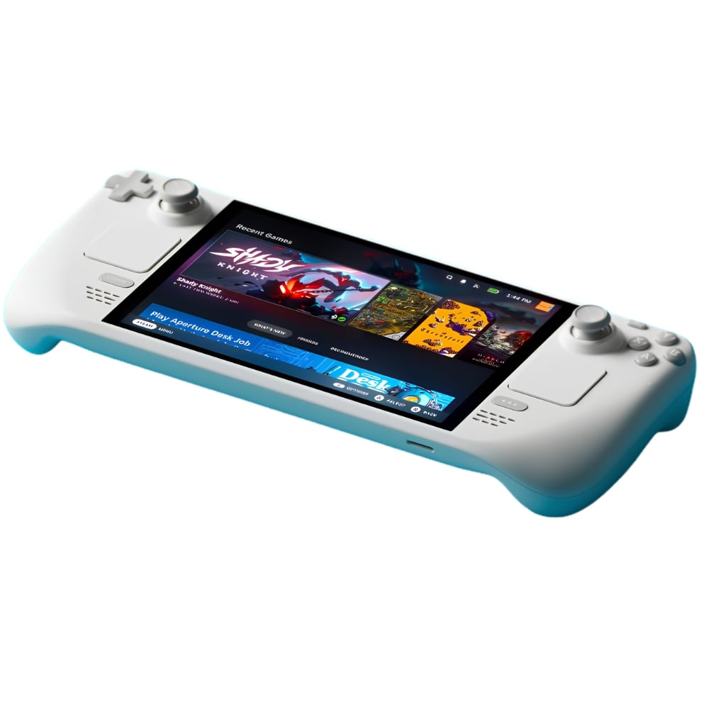 White handheld gaming console with touchscreen display